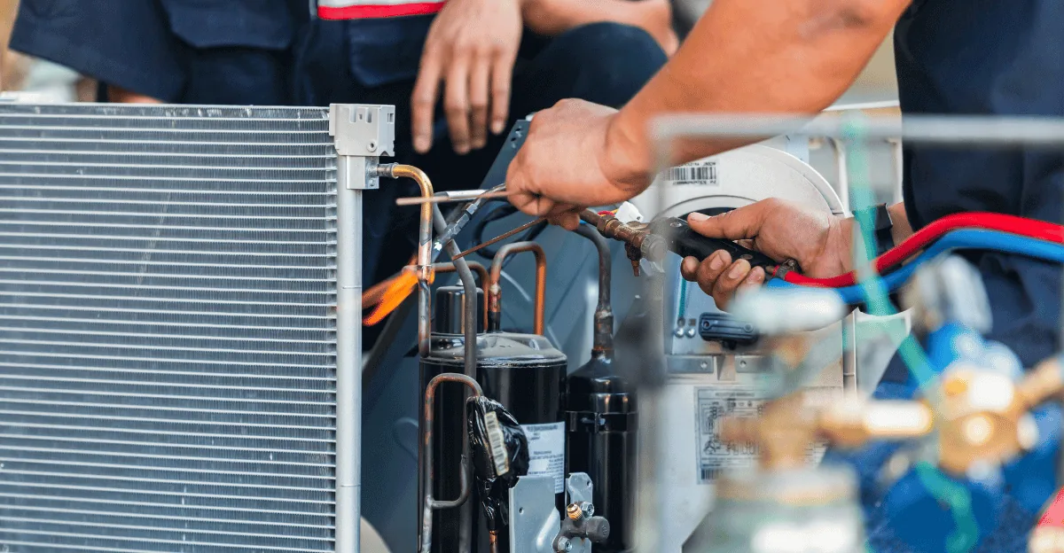 Doctor Fridge technician checking refrigerant pressures on a condensing unit